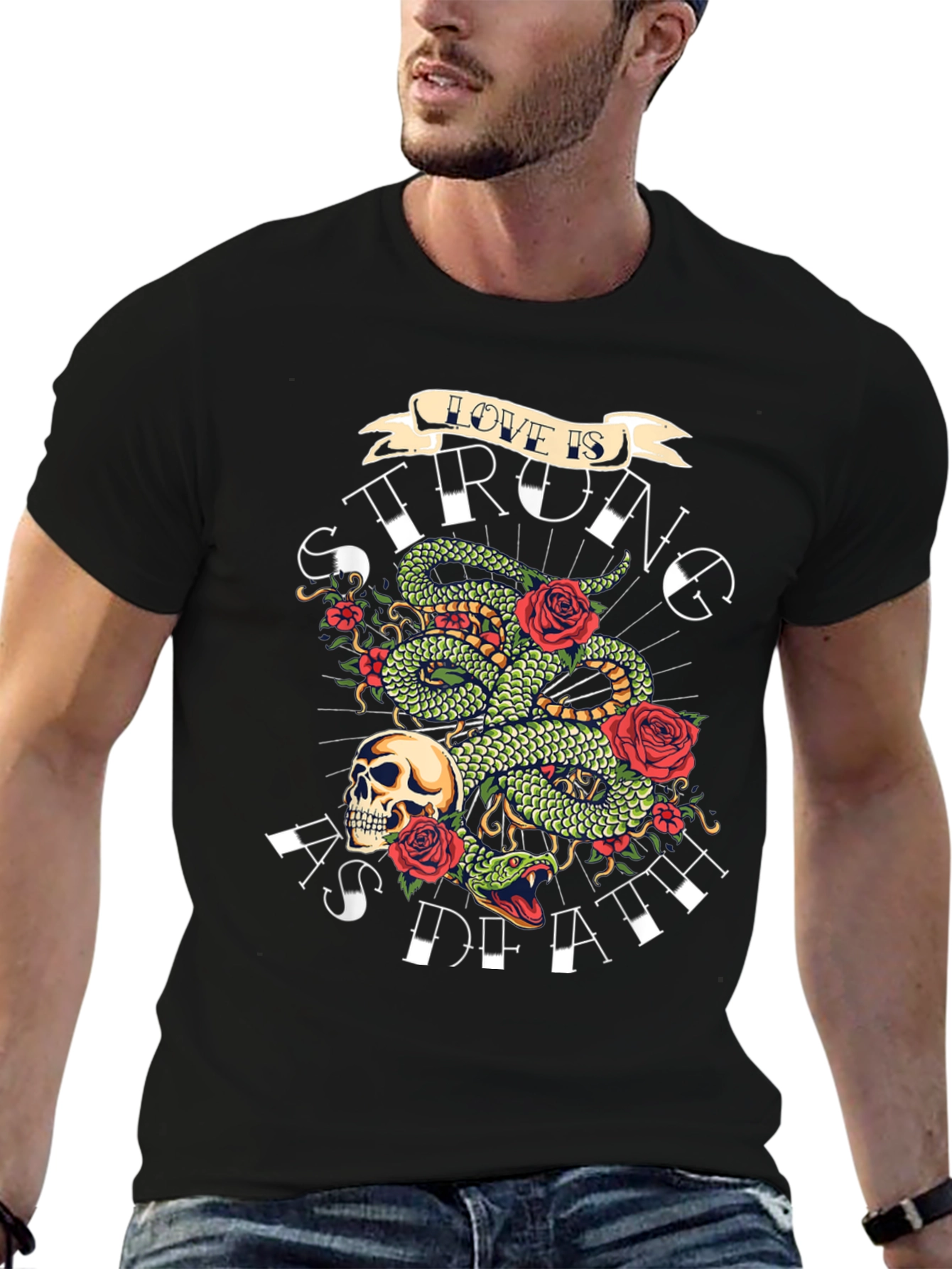Camiseta Negra con Diseño de Serpiente Rosas y Calavera
