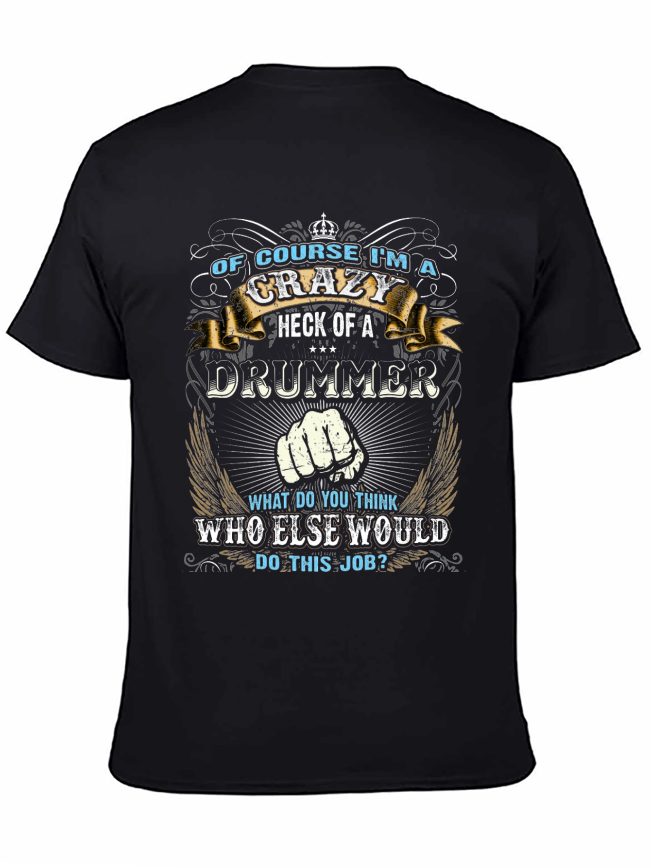 Camiseta Negra con Diseño de Baterista Loco