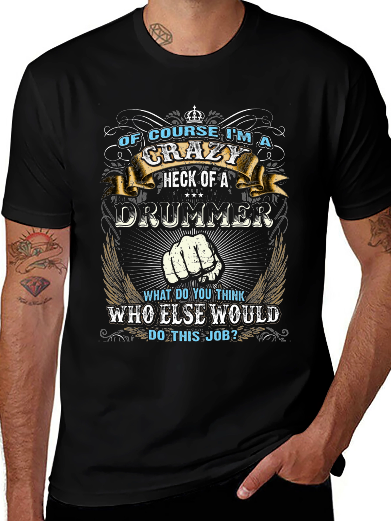 Camiseta Negra con Diseño de Baterista Loco