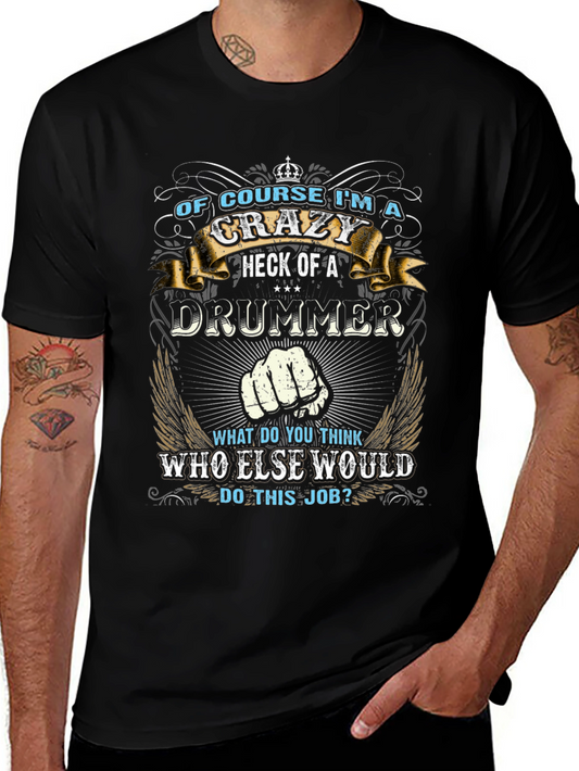Camiseta Negra con Diseño de Baterista Loco