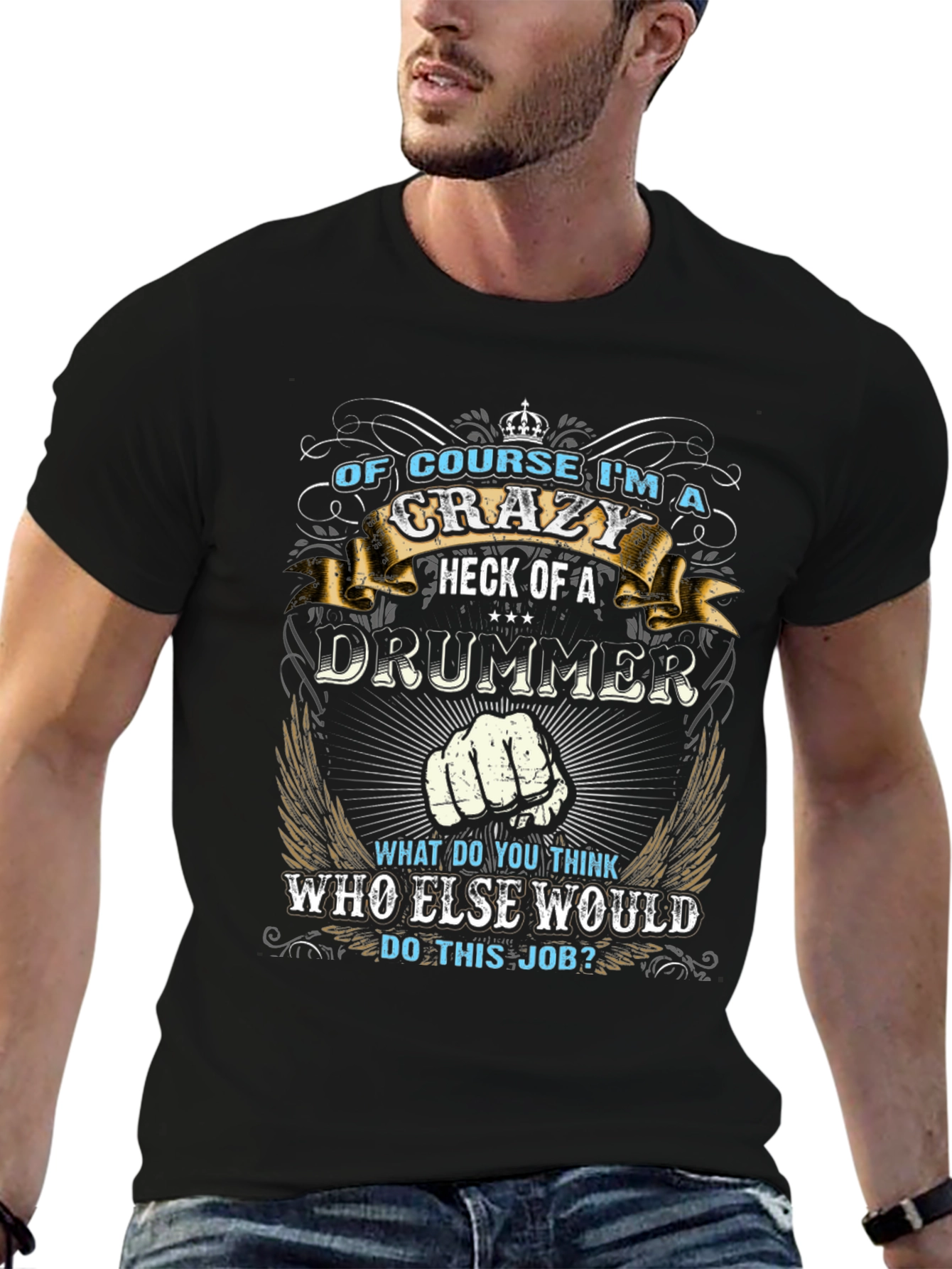 Camiseta Negra con Diseño de Baterista Loco