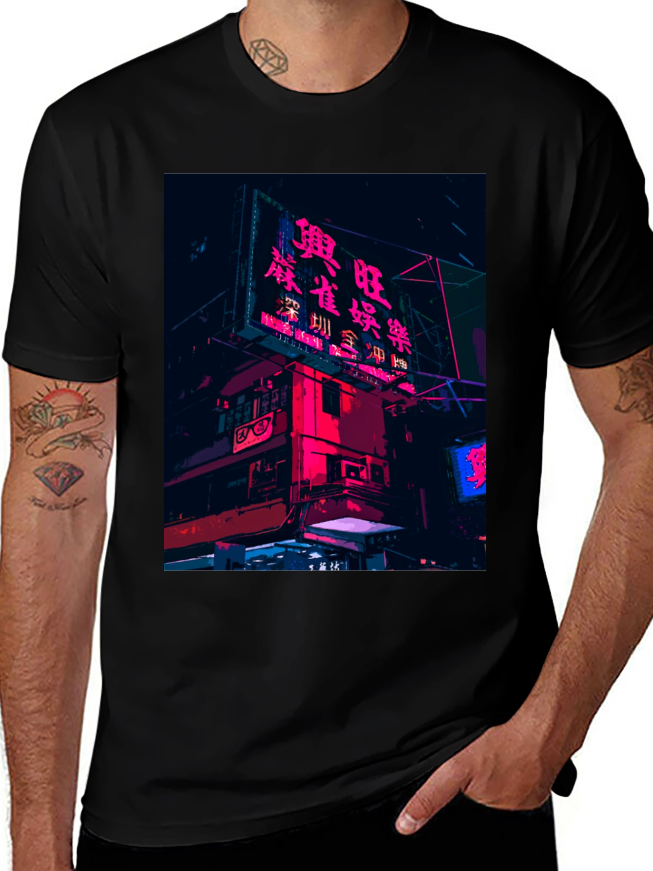 Camiseta Negra Urbana con Diseño Neón