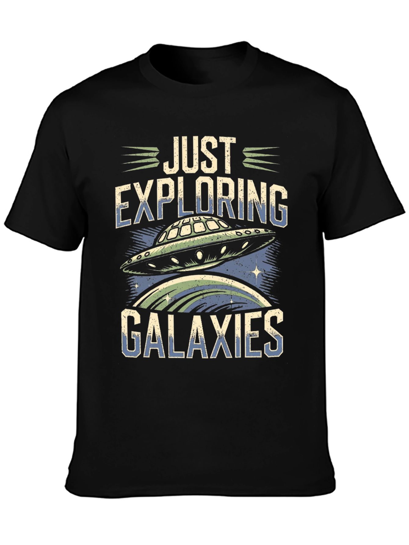 Camiseta Negra Explorando Galaxias con Diseño OVNI