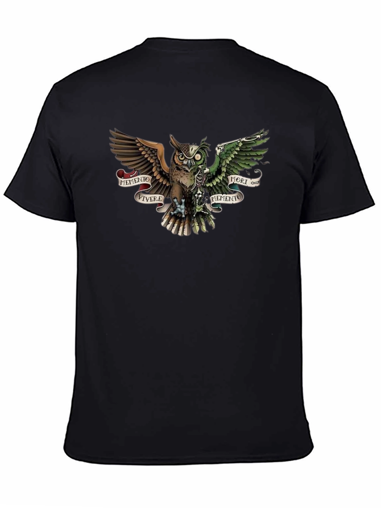 Camiseta Negra con Diseño de Búho Memento Mori