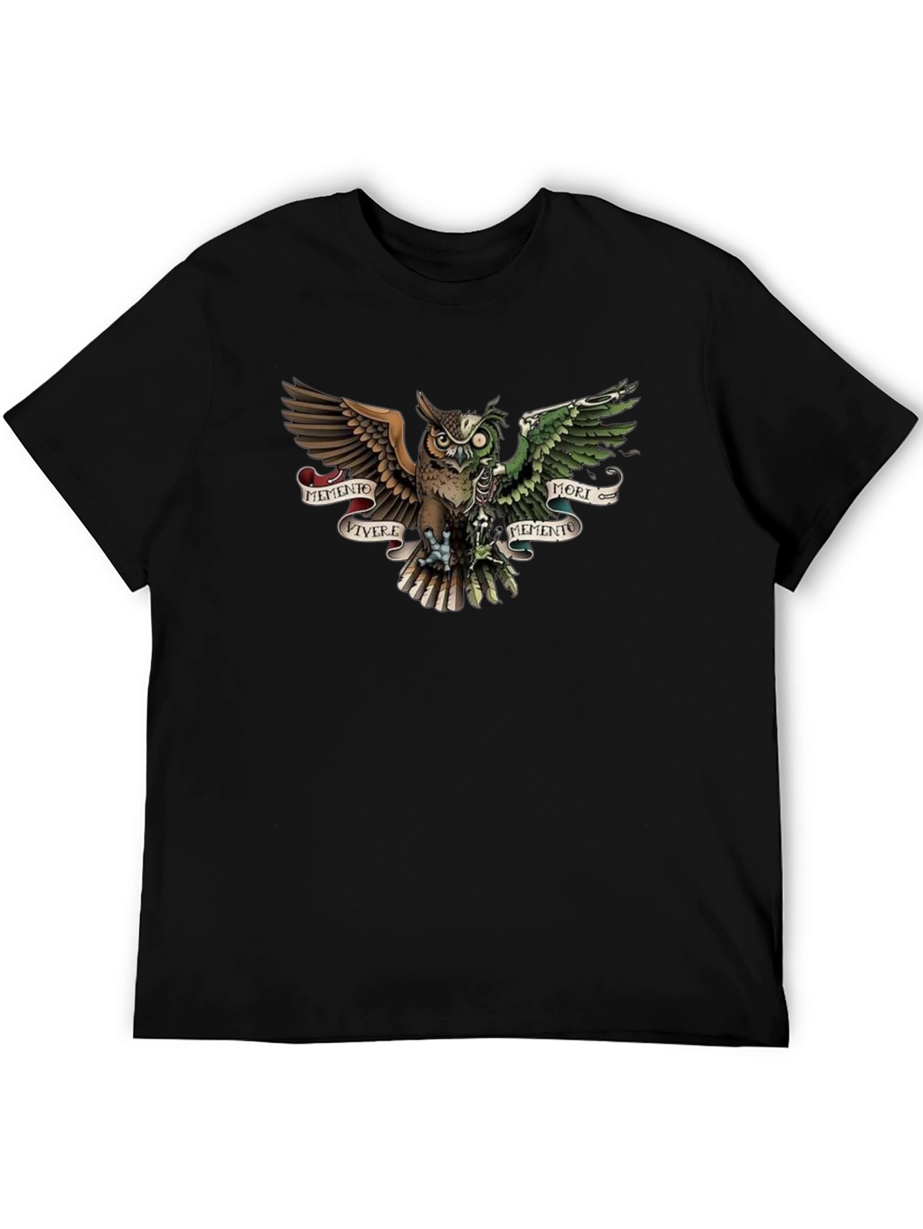 Camiseta Negra con Diseño de Búho Memento Mori