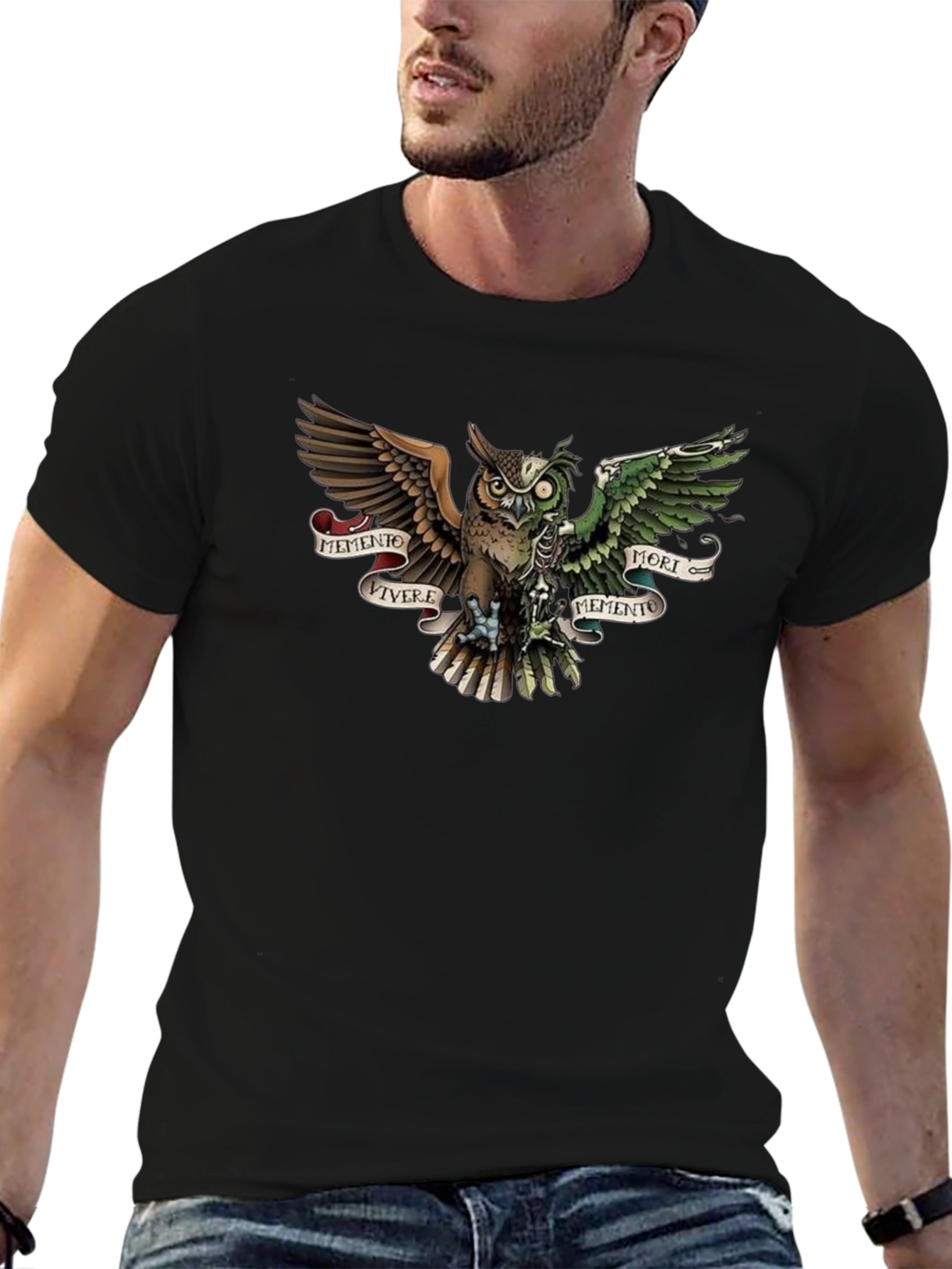Camiseta Negra con Diseño de Búho Memento Mori