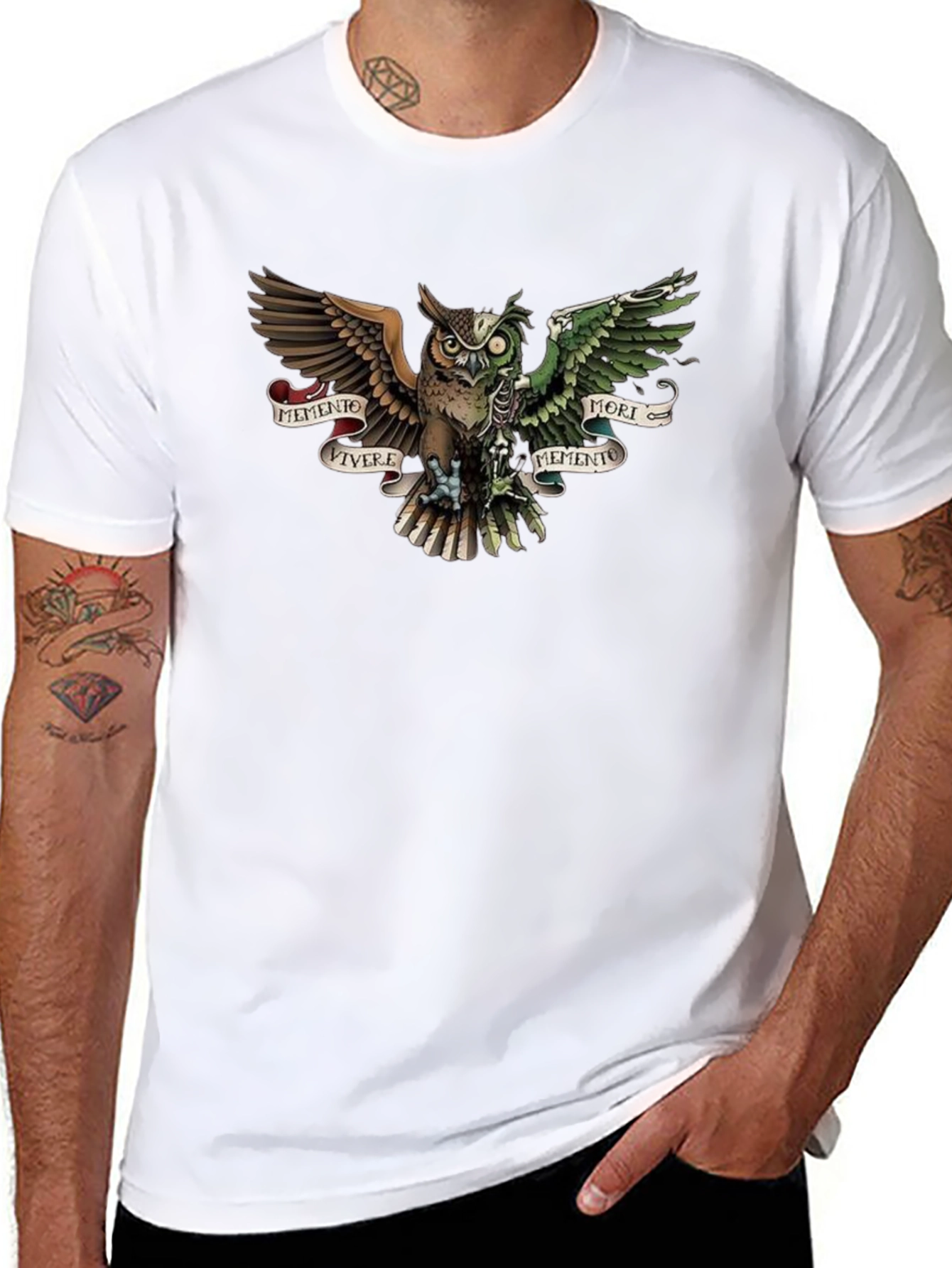 Camiseta Negra con Diseño de Búho Memento Mori