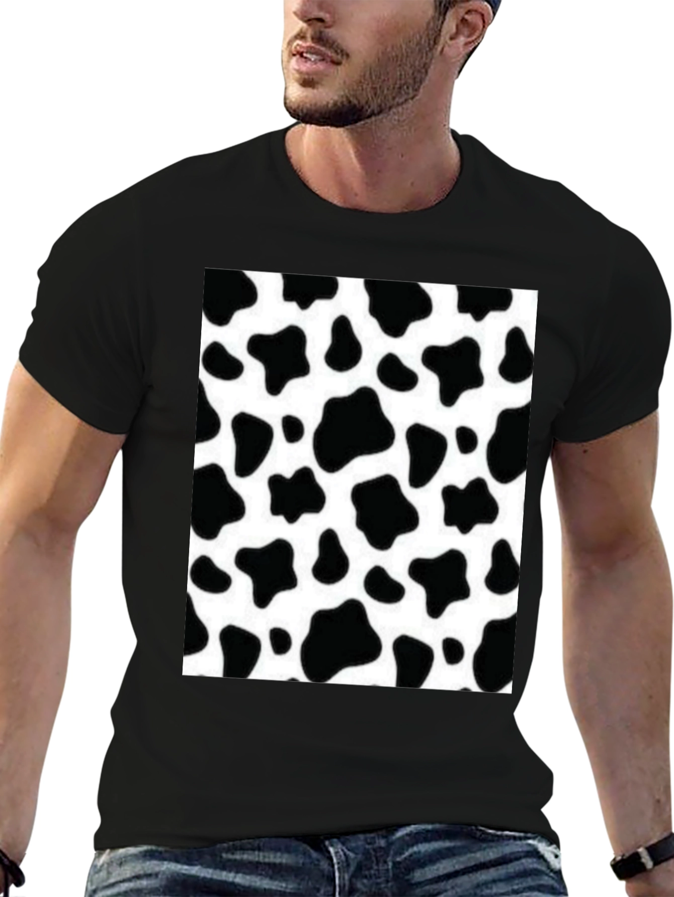 Camiseta Negra con Diseño de Estampado de Vaca