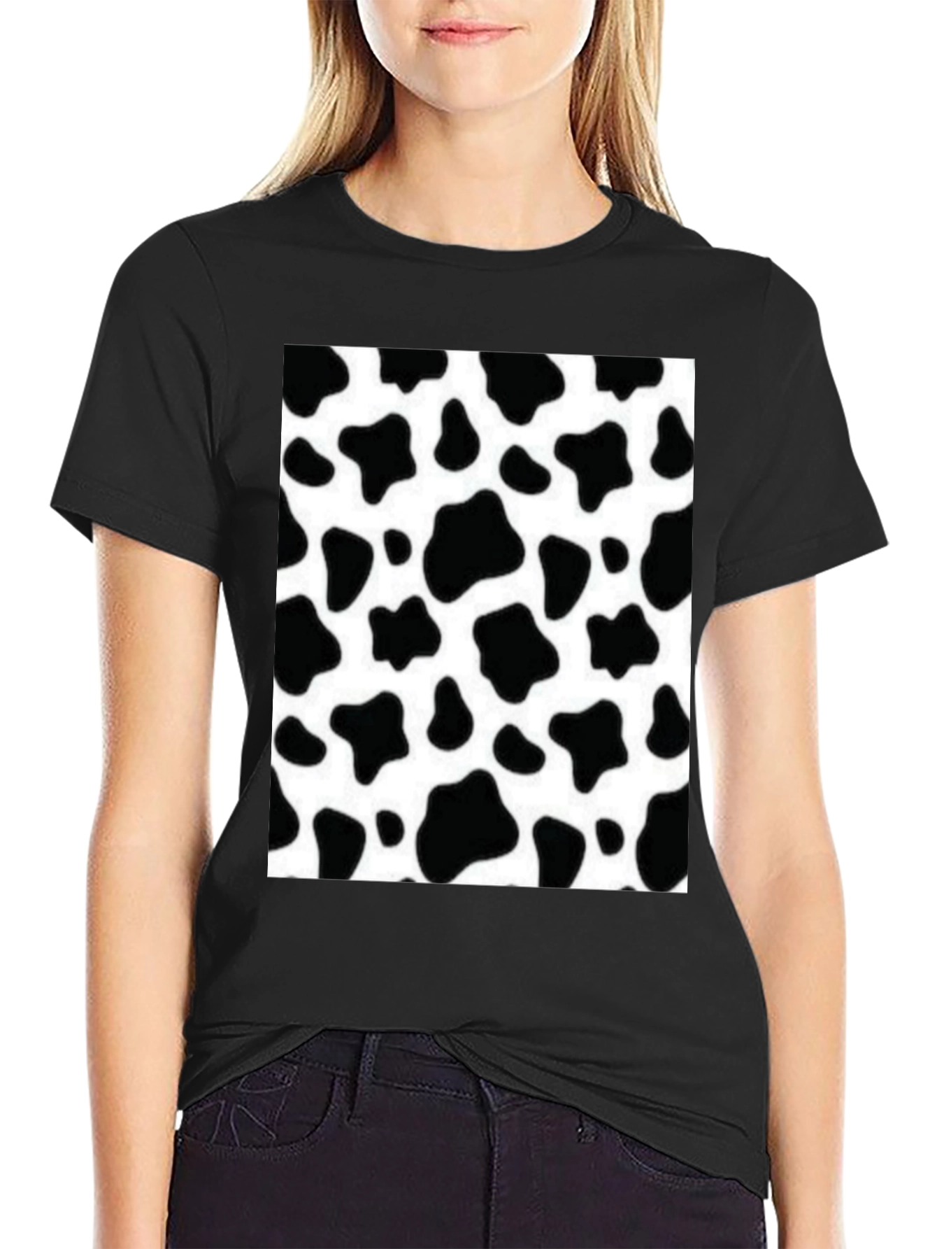Camiseta Negra con Diseño de Estampado de Vaca