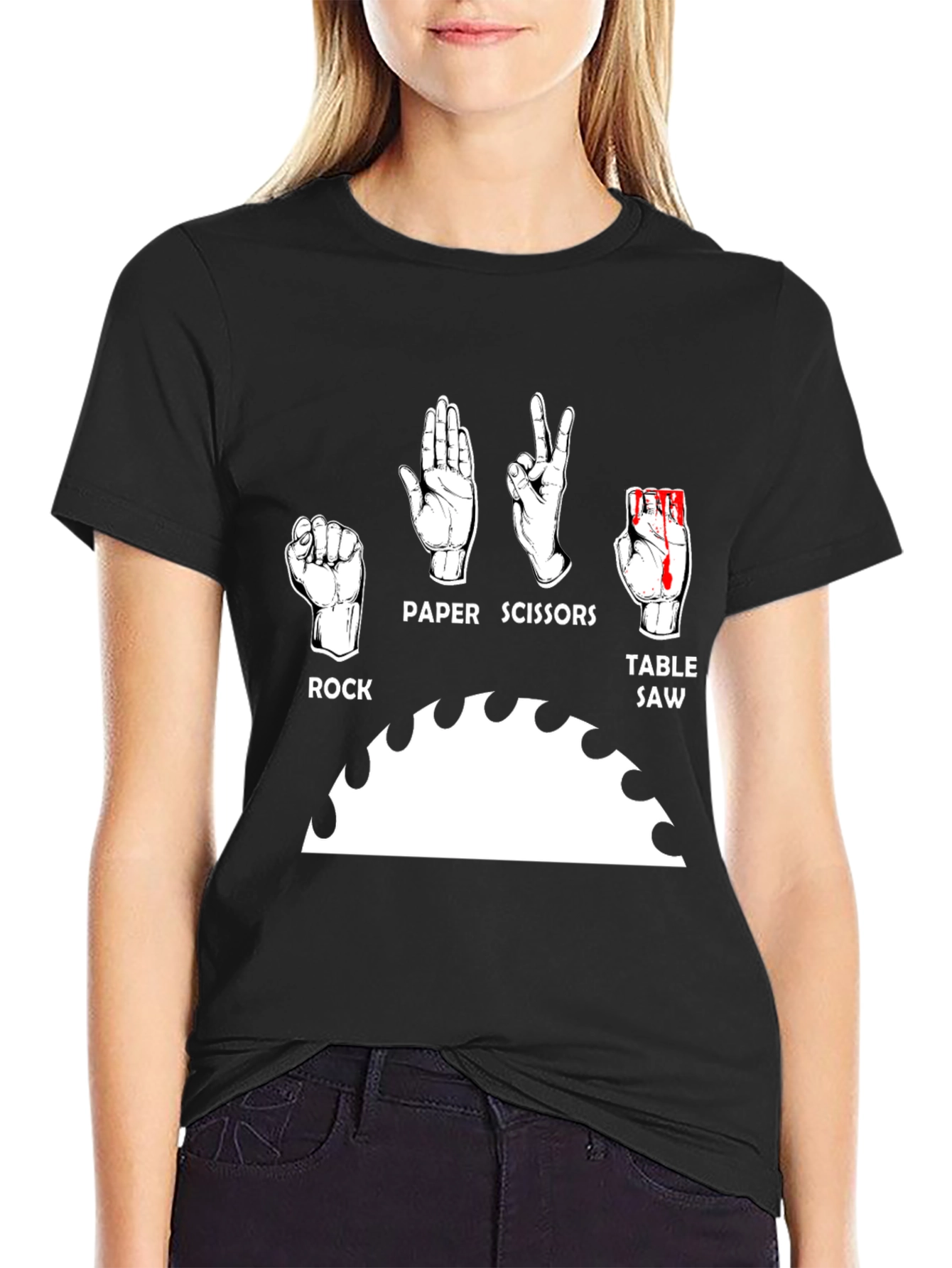 Camiseta Negra Humorística: Piedra Papel Tijeras y Sierra