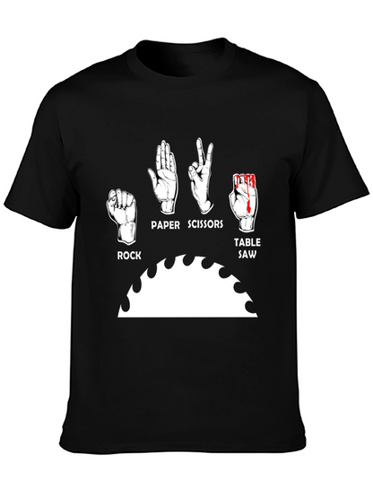Camiseta Negra Humorística: Piedra Papel Tijeras y Sierra