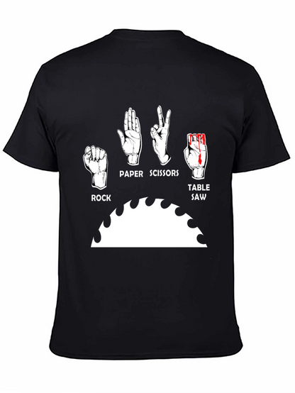 Camiseta Negra Humorística: Piedra Papel Tijeras y Sierra