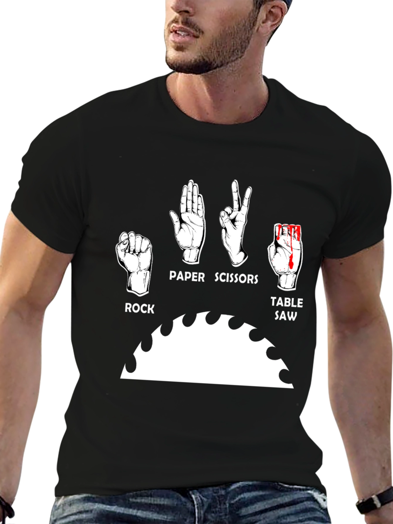 Camiseta Negra Humorística: Piedra Papel Tijeras y Sierra