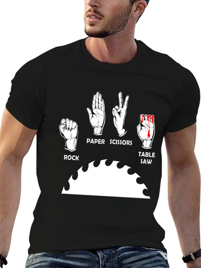 Camiseta Negra Humorística: Piedra Papel Tijeras y Sierra