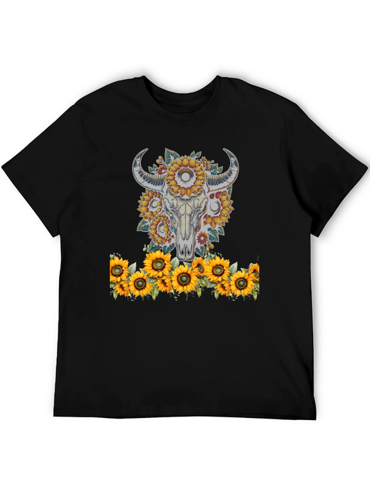 Camiseta Negra con Diseño de Calavera de Toro y Girasoles