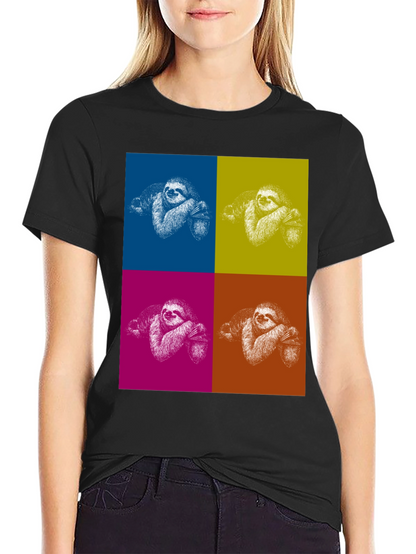Camiseta Negra con Diseño de Perezosos Pop Art