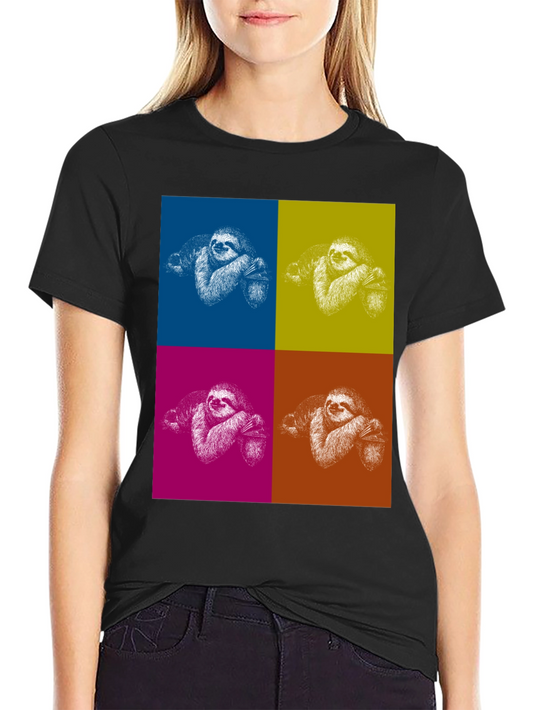 Camiseta Negra con Diseño de Perezosos Pop Art