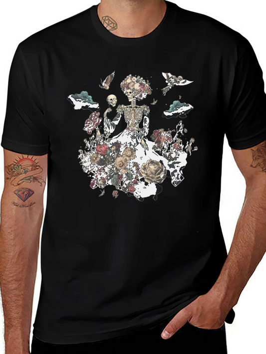 Camiseta Negra con Diseño Floral de Calavera