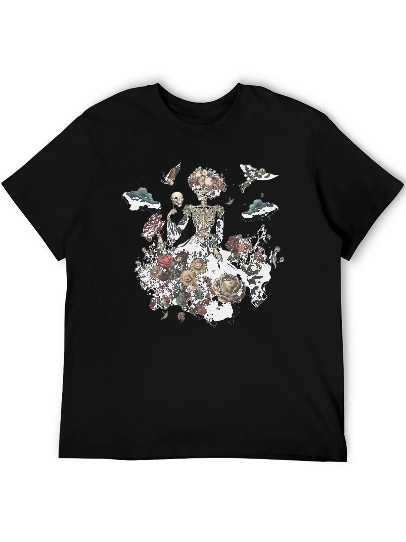 Camiseta Negra con Diseño Floral de Calavera