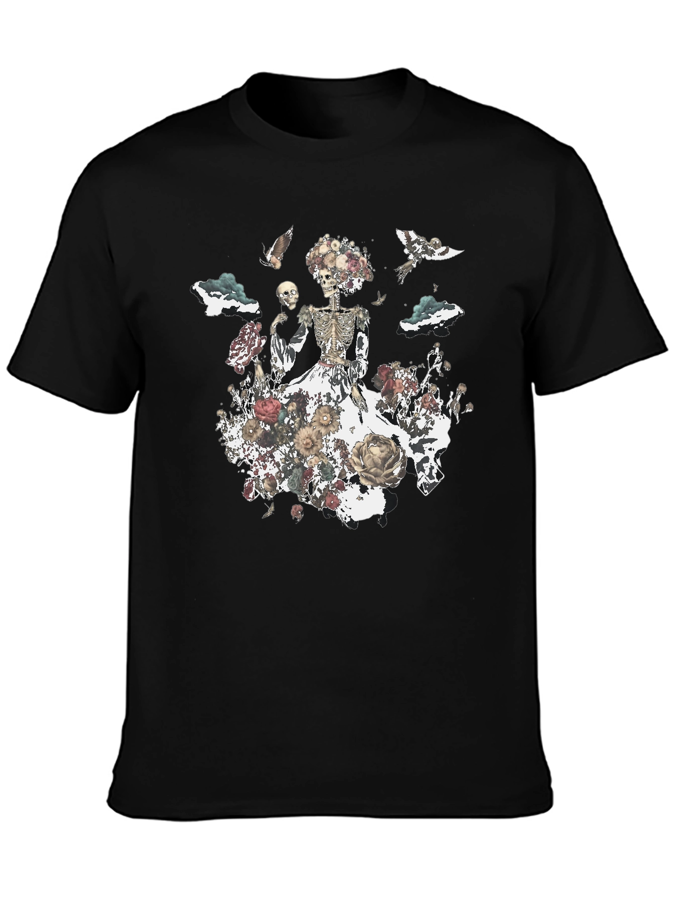 Camiseta Negra con Diseño Floral de Calavera