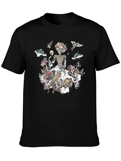 Camiseta Negra con Diseño Floral de Calavera