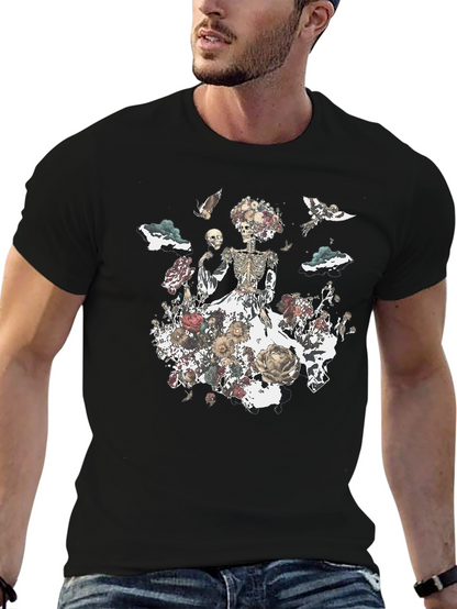 Camiseta Negra con Diseño Floral de Calavera